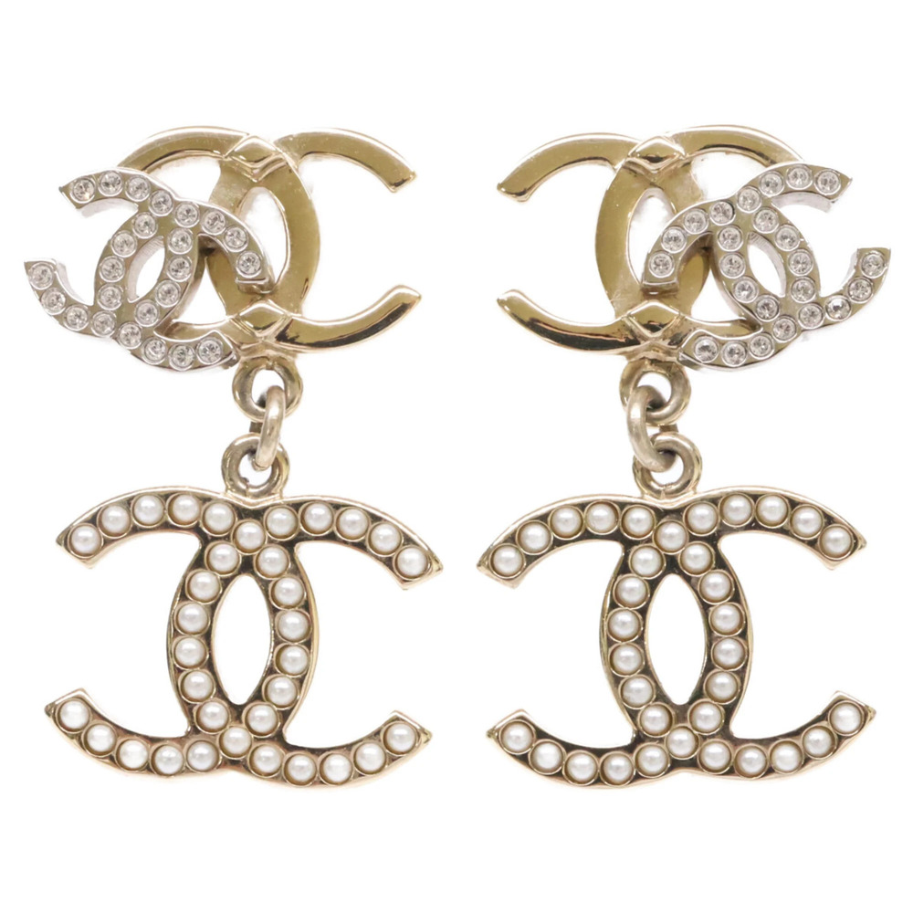 CHANEL B21A Triple Coco Mark Rhinestone Imitation Pearl Earrings, Gold, Women's